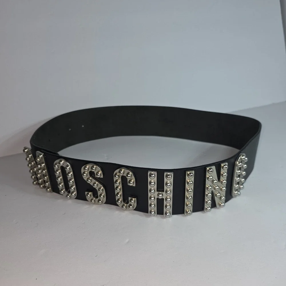 Moschino Milano Vintage Black Belt Silver Classic Logo Studded Sz 42 Authentic